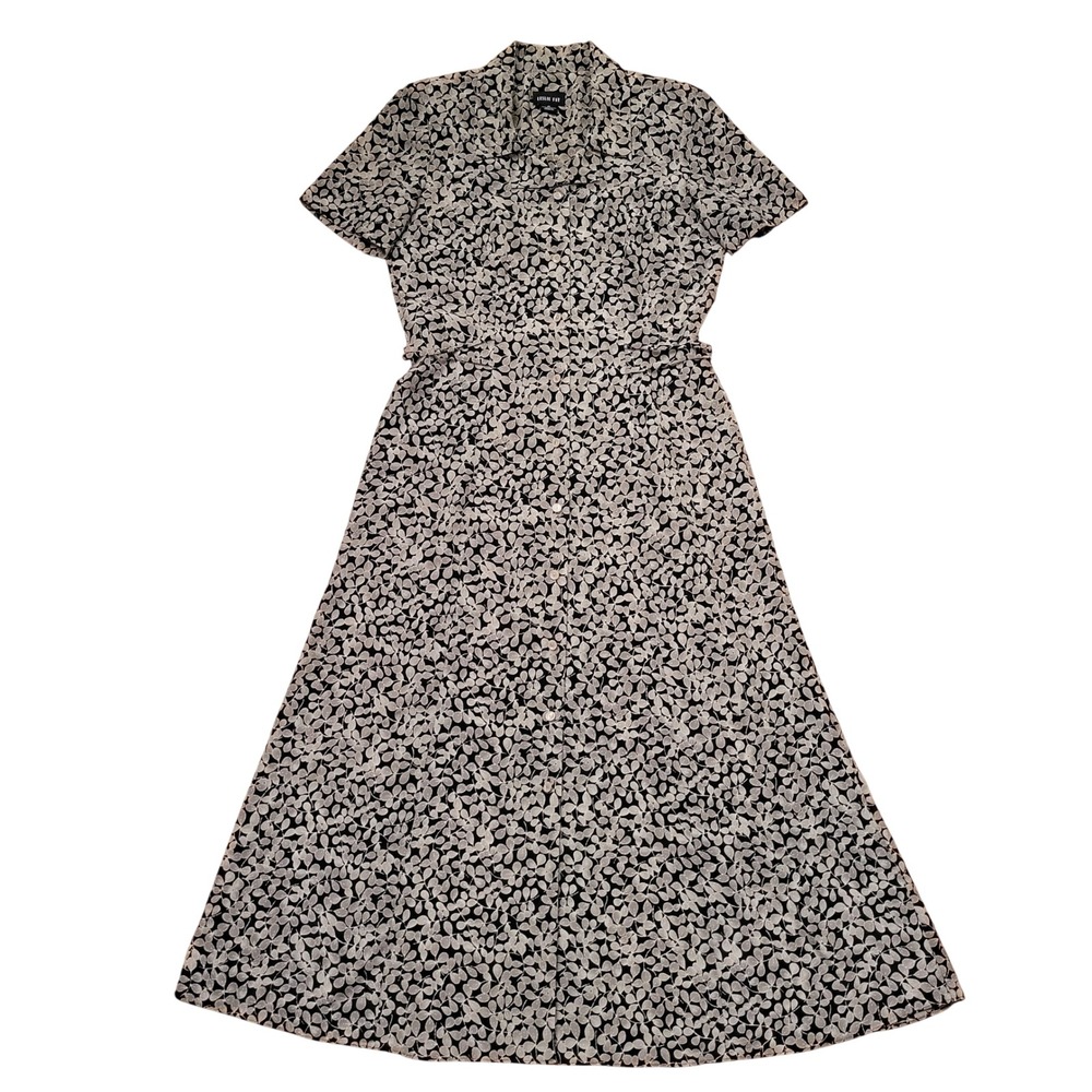 Leslie Fay 10 Maxi Dress Black Beige‎ Leaf Print Button Front 90s Modest Granola